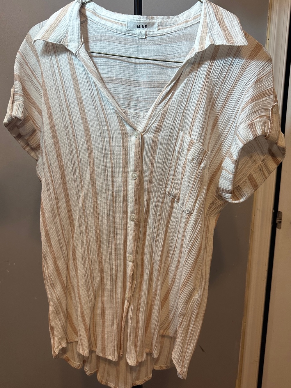 MINE Cream and Tan Striped Short-Sleeve Button-Down Shirt